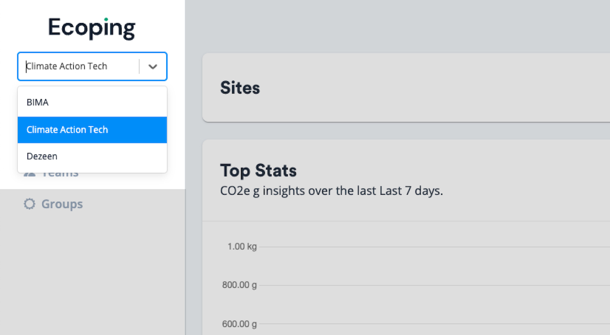 Teams drop down in the EcoPing dashboard side bar so you can choose what team is selected
